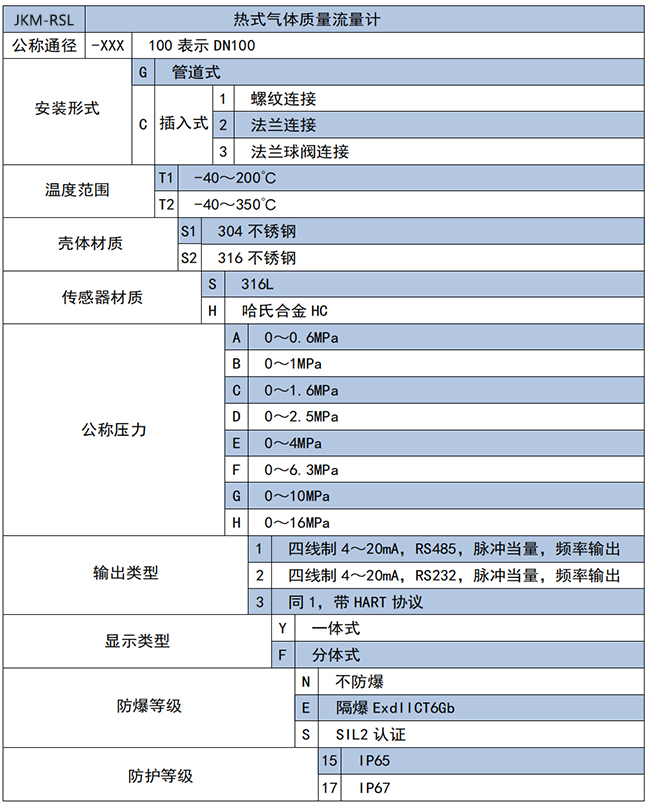 DN15熱式氣體質(zhì)量流量計選項表